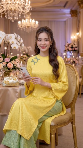Áo Dài Cách Tân Dáng Suông Tơ Ánh Kim Màu Vàng Hoàng Yến